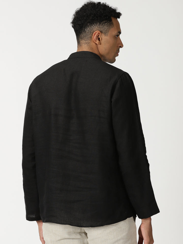 Fredrik - Pure Linen Toda Hand-Embroidered Long Sleeve Shirt - Black