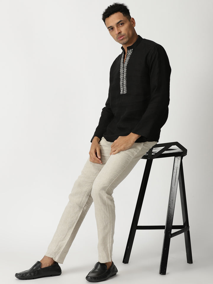 Fredrik - Pure Linen Toda Hand-Embroidered Long Sleeve Shirt - Black