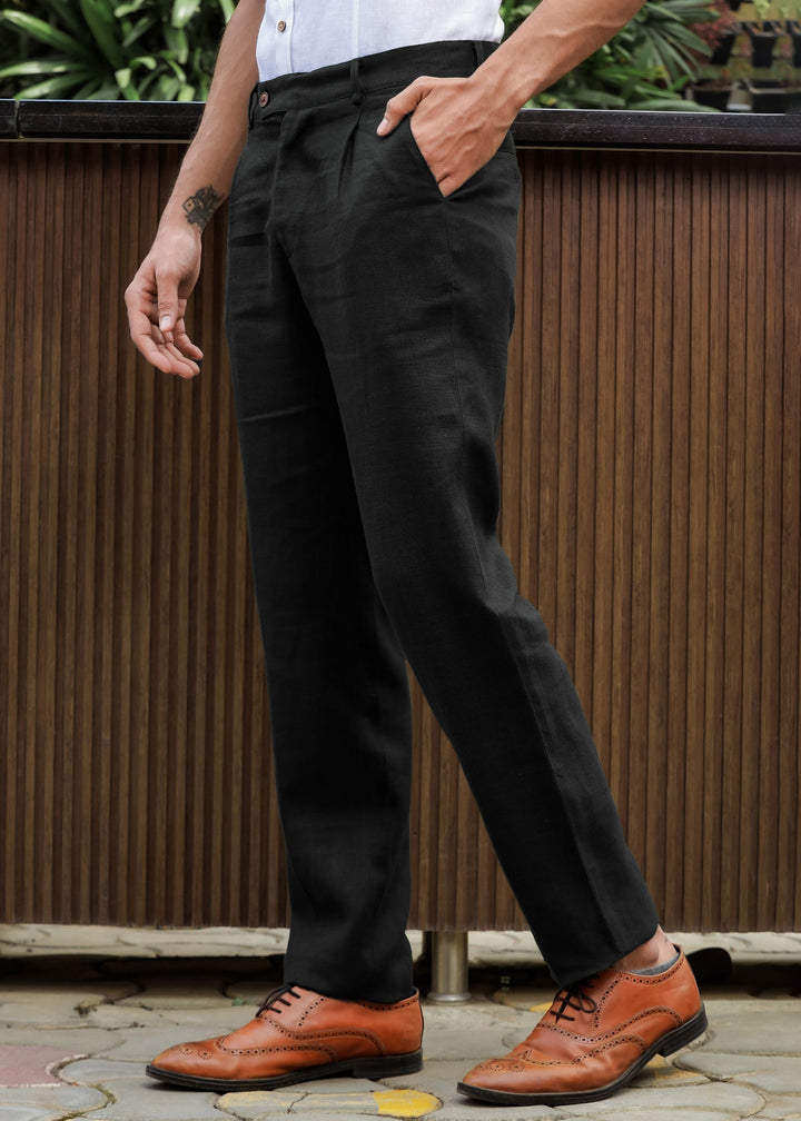 Hal Classic Pleated Pure Linen Trousers - Black