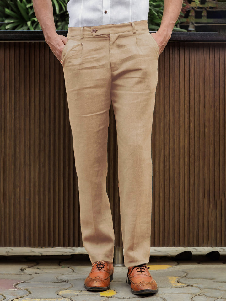 Hal Classic Pleated Pure Linen Trousers - Light Hazelnut Brown