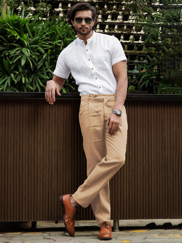 Hal Classic Pleated Pure Linen Trousers - Light Hazelnut Brown
