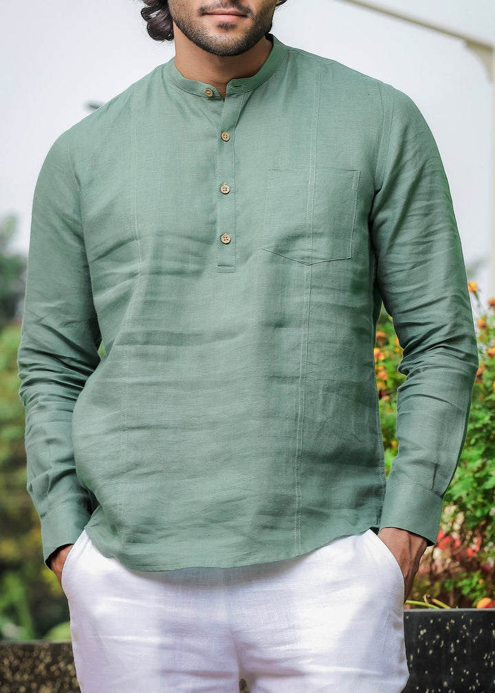 Trevor - Half Placket Pure Linen Full Sleeve Shirt - Smoke Green