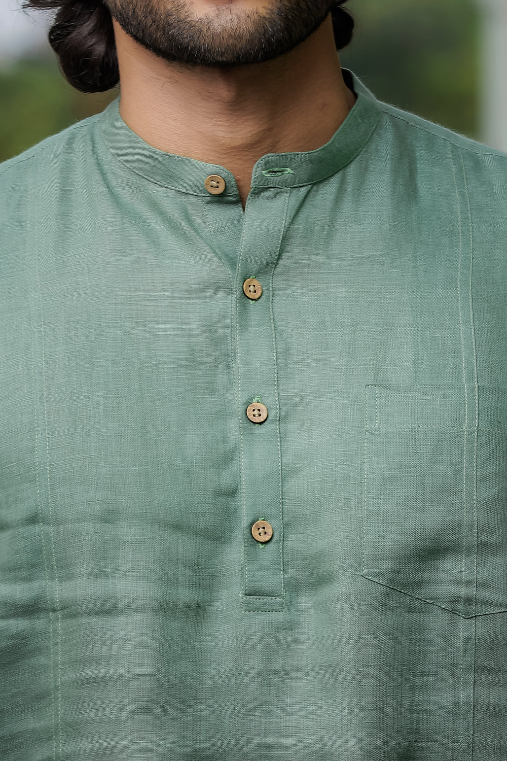 Trevor - Half Placket Pure Linen Full Sleeve Shirt - Smoke Green