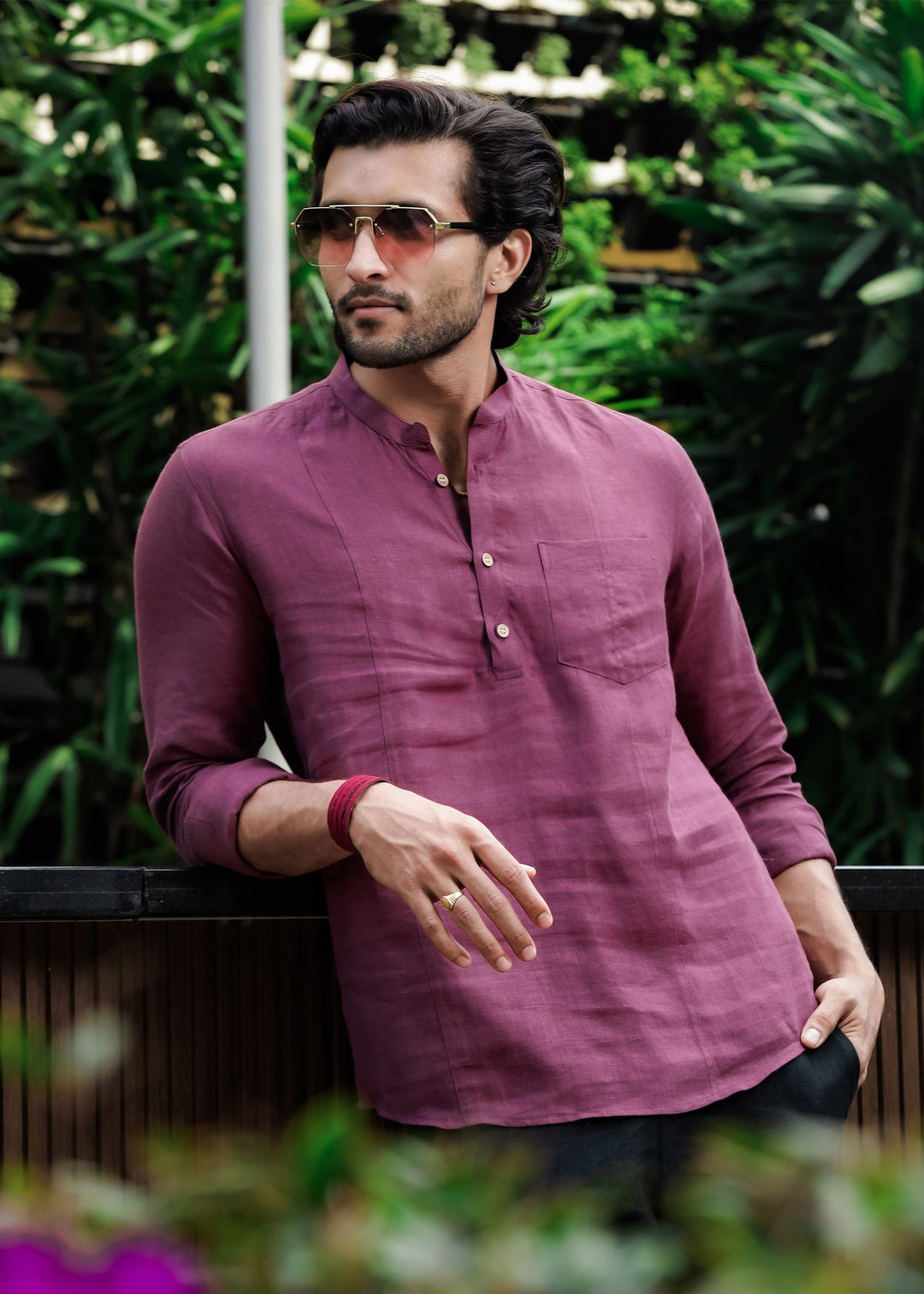 Trevor - Half Placket Pure Linen Full Sleeve Shirt - Twilight Purple