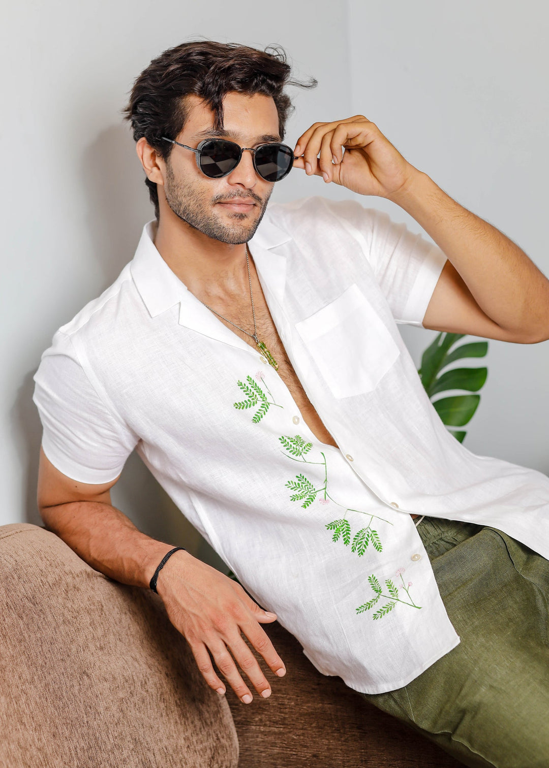 Hand-Painted Fern - Pure Linen Half Sleeve Shirt - White