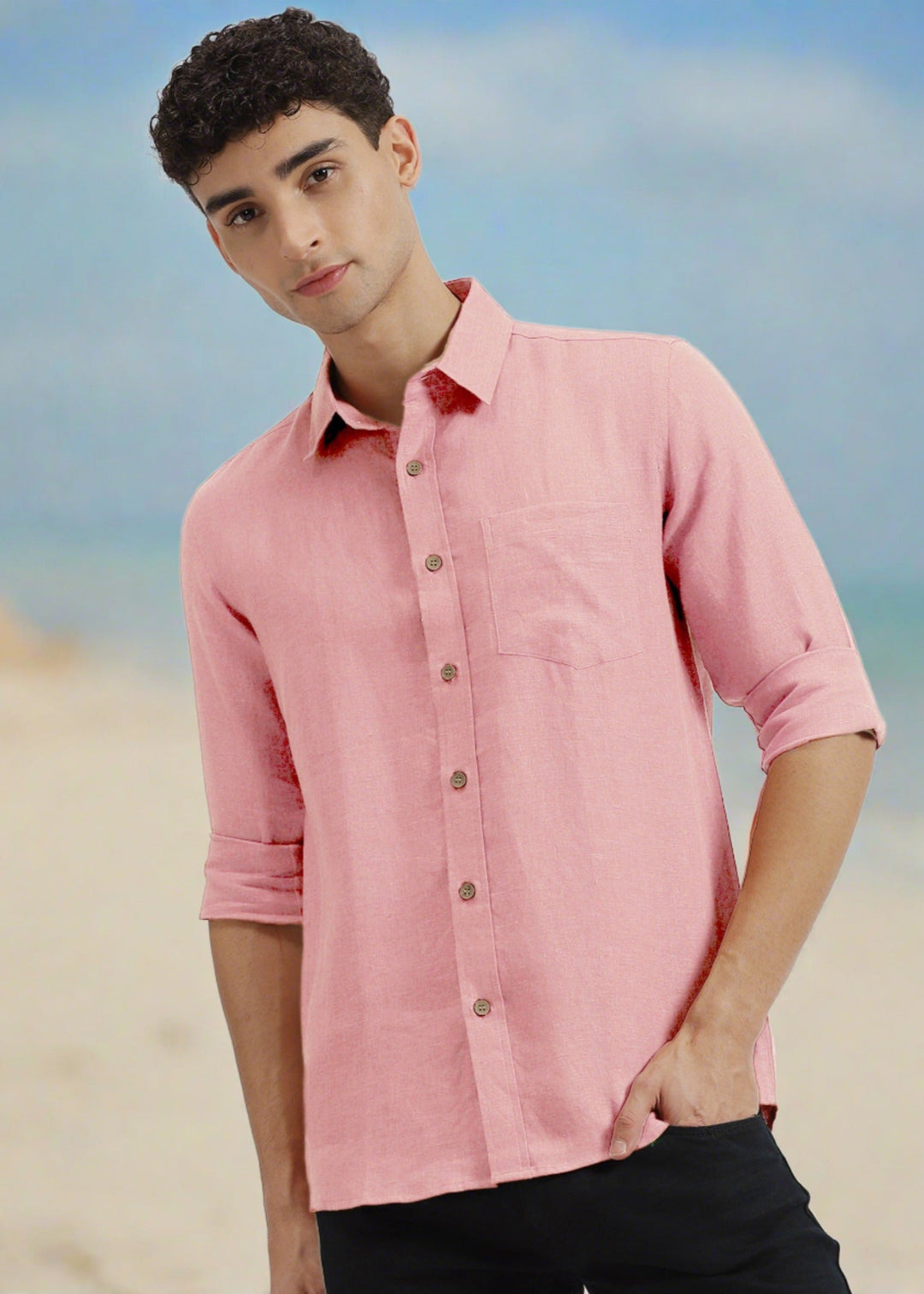 Harvey - Pure Linen Full Sleeve Shirt - Salmon Pink