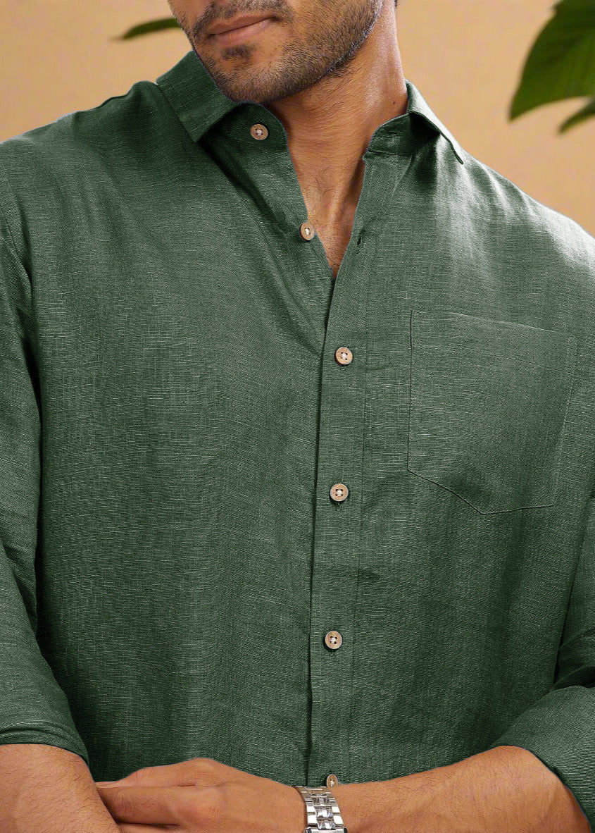 Harvey - Pure Linen Full Sleeve Shirt - Dark Green