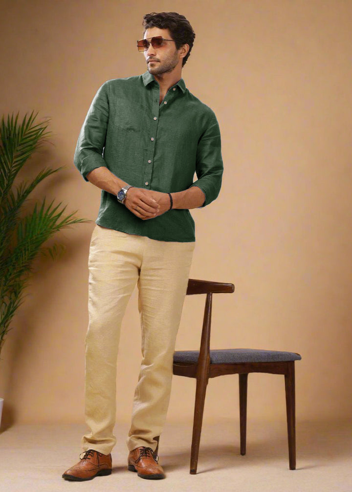 Harvey - Pure Linen Full Sleeve Shirt - Dark Green
