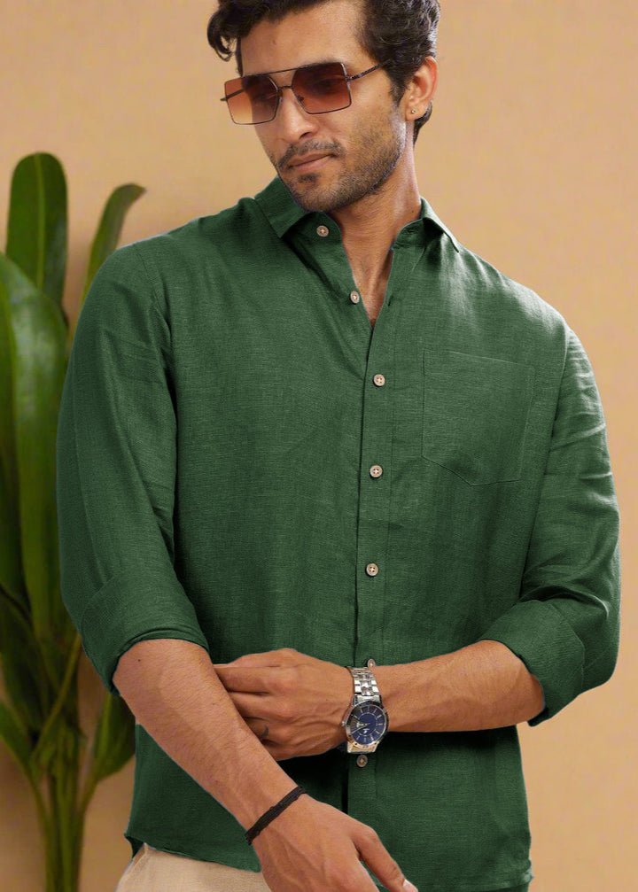 Harvey - Pure Linen Full Sleeve Shirt - Dark Green