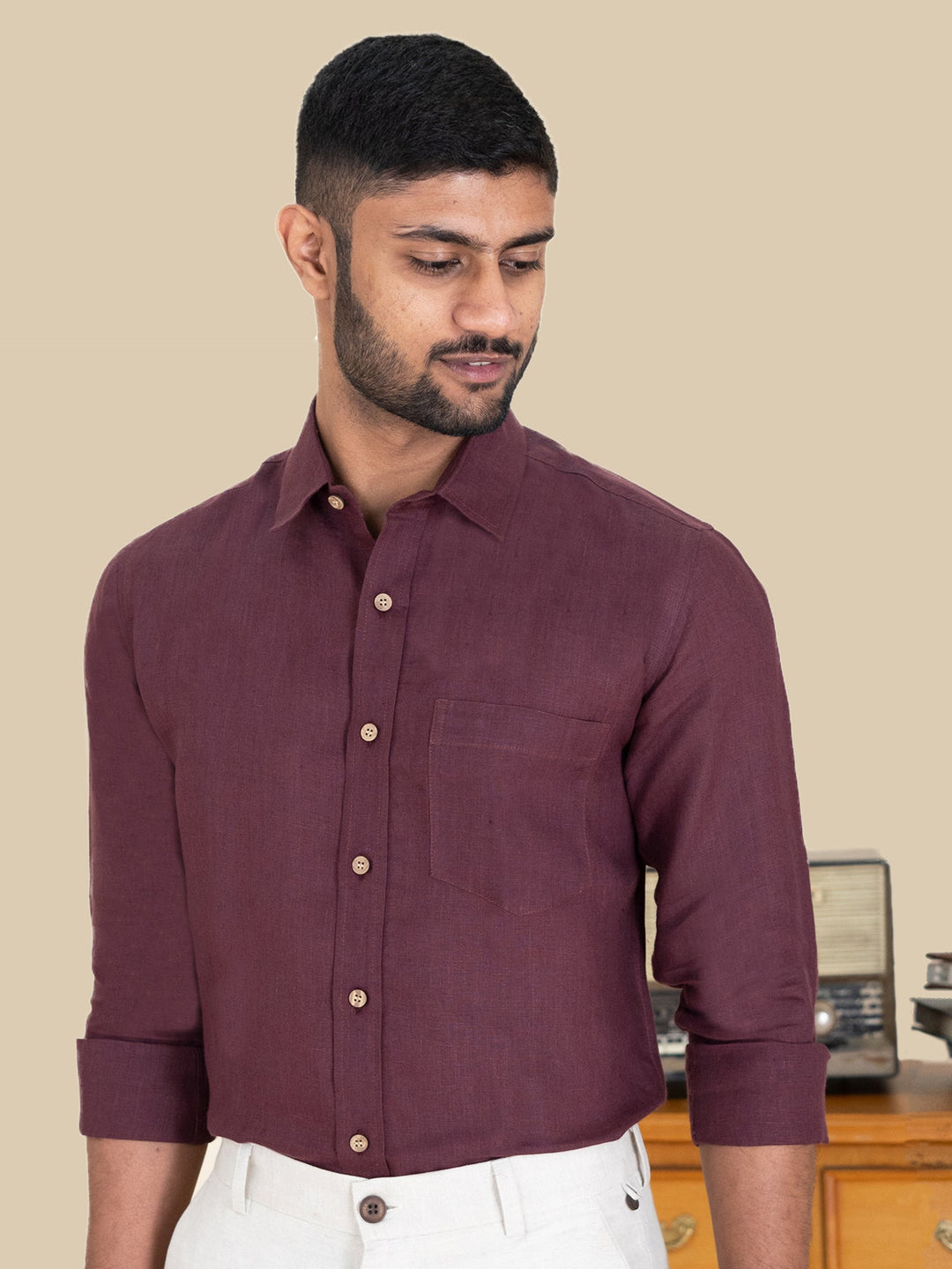 Harvey - Pure Linen Full Sleeve Shirt - Wine Red | Rescue