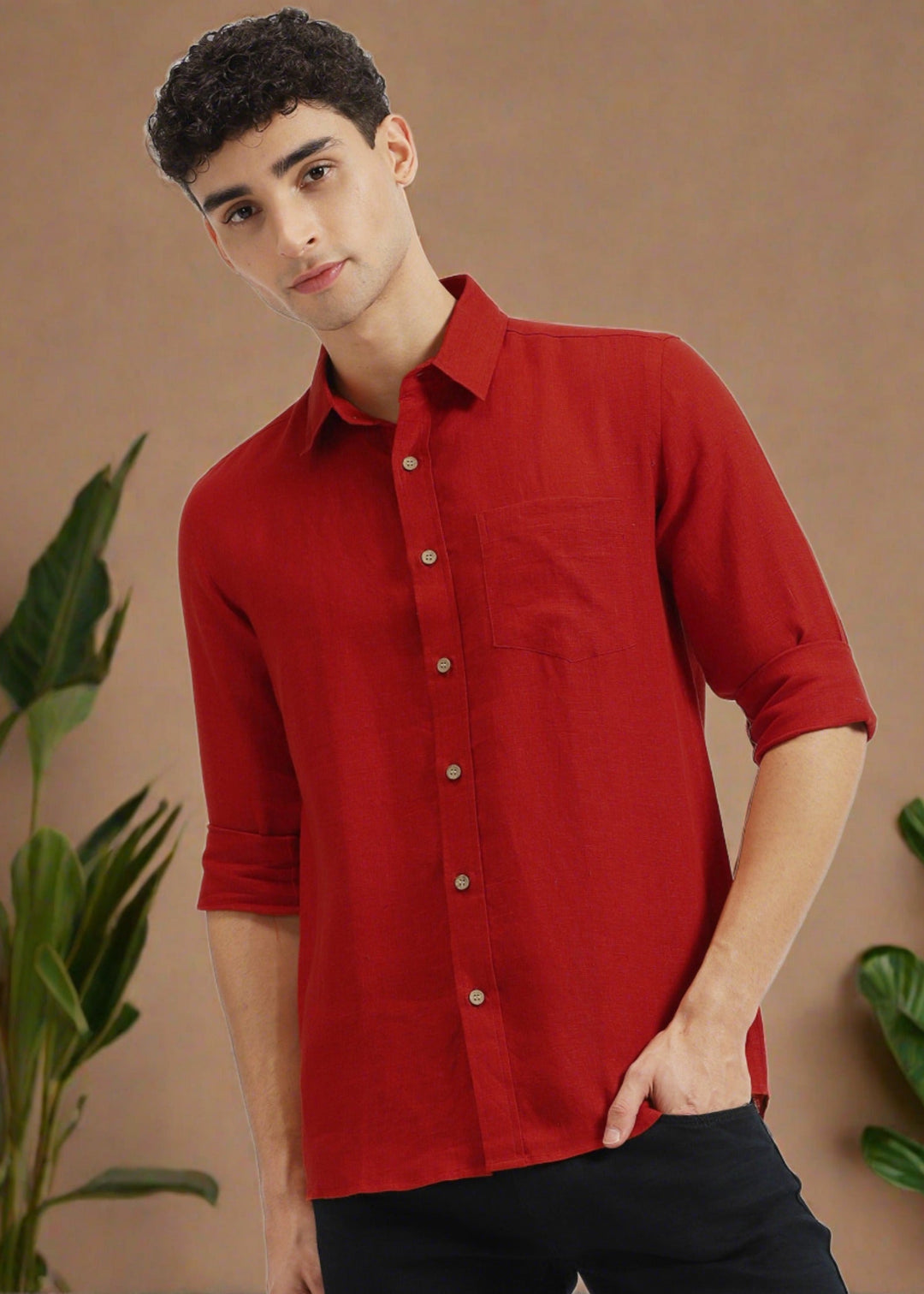 Harvey - Pure Linen Full Sleeve Shirt - Mud Red