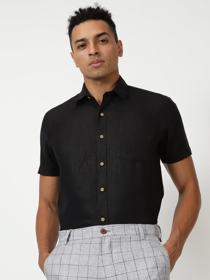 Harvey - Pure Linen Half Sleeve Shirt - Black