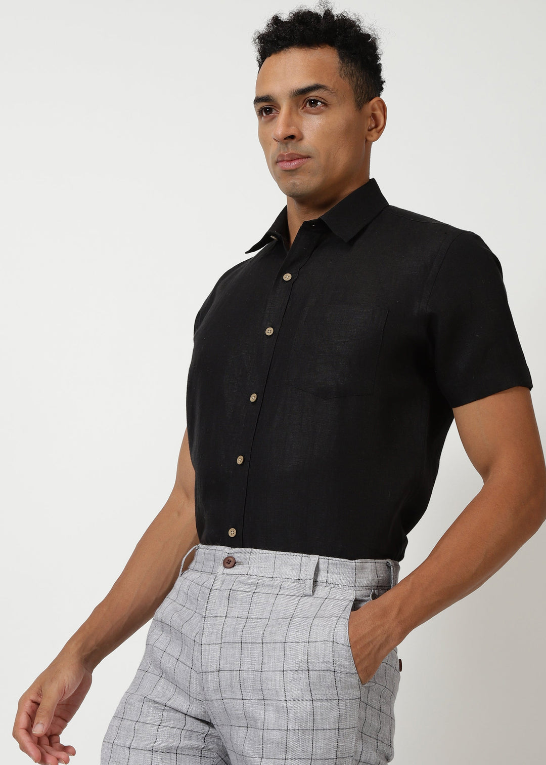 Harvey - Pure Linen Half Sleeve Shirt - Black