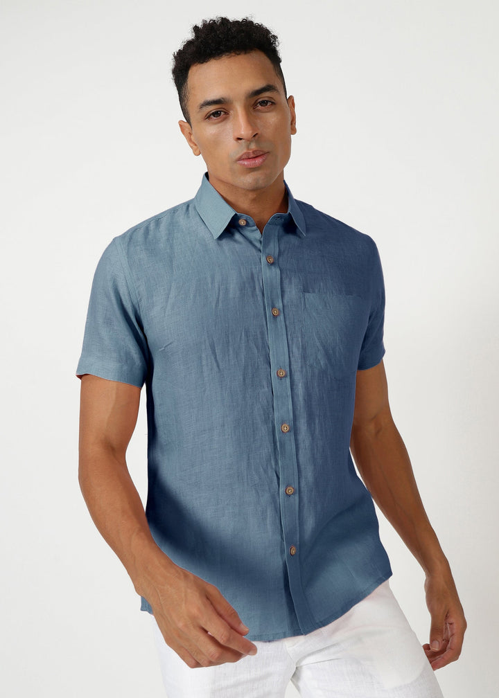 Harvey - Pure Linen Half Sleeve Shirt - Blue Grey