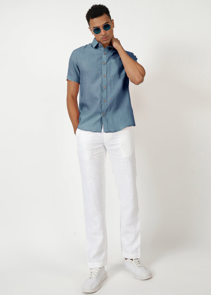 Harvey - Pure Linen Half Sleeve Shirt - Blue Grey