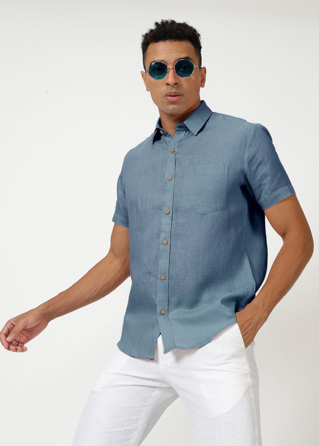 Harvey - Pure Linen Half Sleeve Shirt - Blue Grey