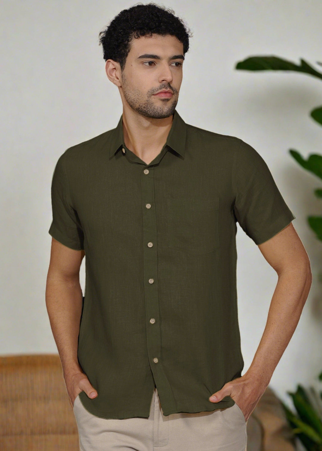 Harvey - Pure Linen Half Sleeve Shirt - Moss Green