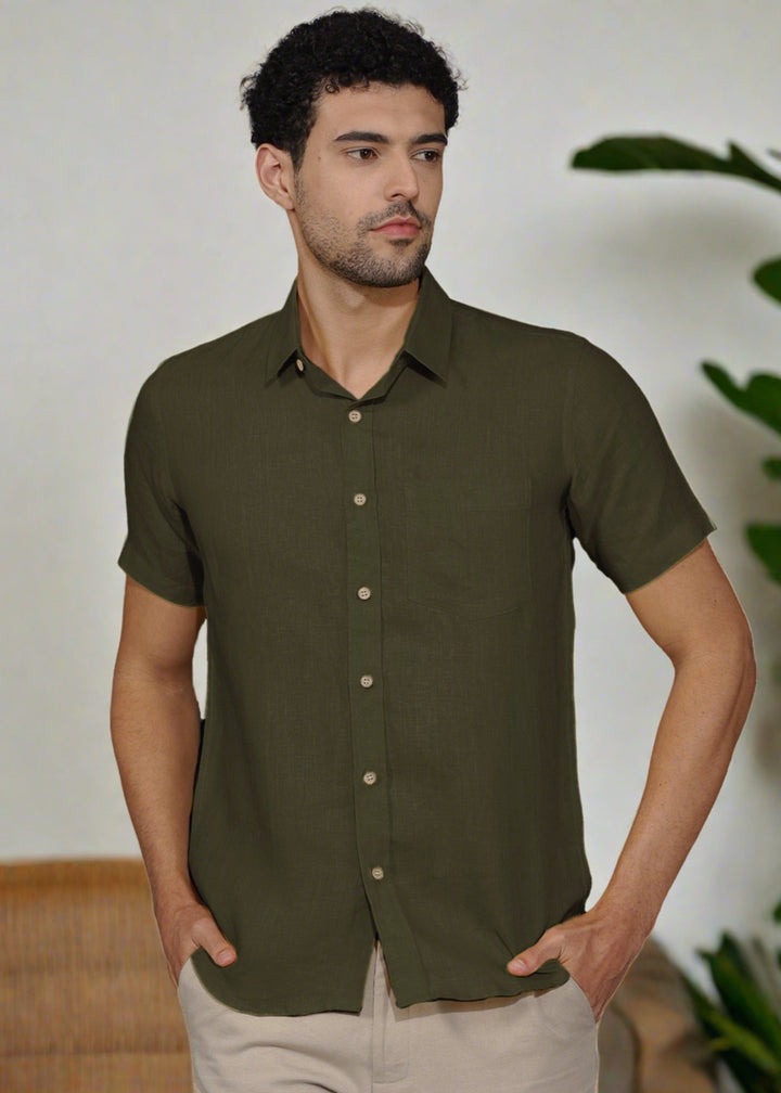 Harvey - Pure Linen Half Sleeve Shirt - Moss Green