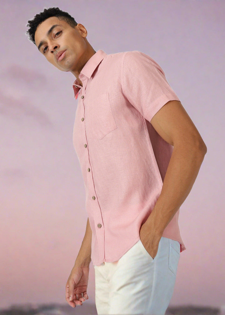 Harvey - Pure Linen Half Sleeve Shirt - Salmon Pink