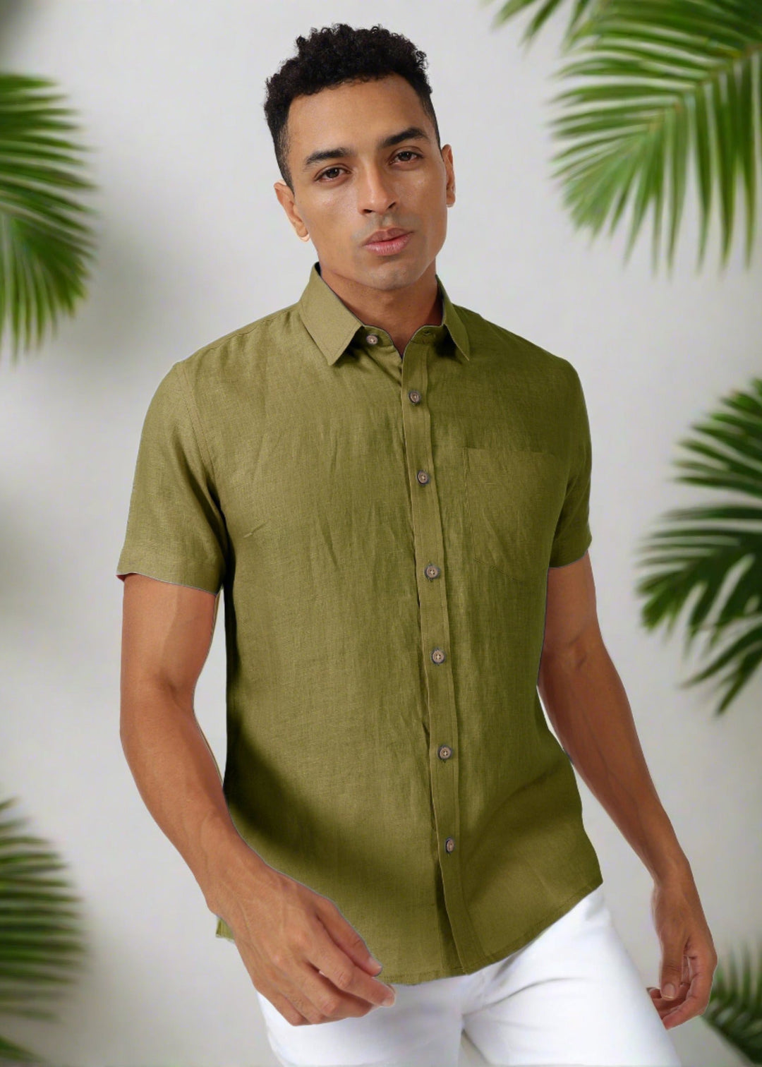 Harvey - Pure Linen Half Sleeve Shirt - Sap Green