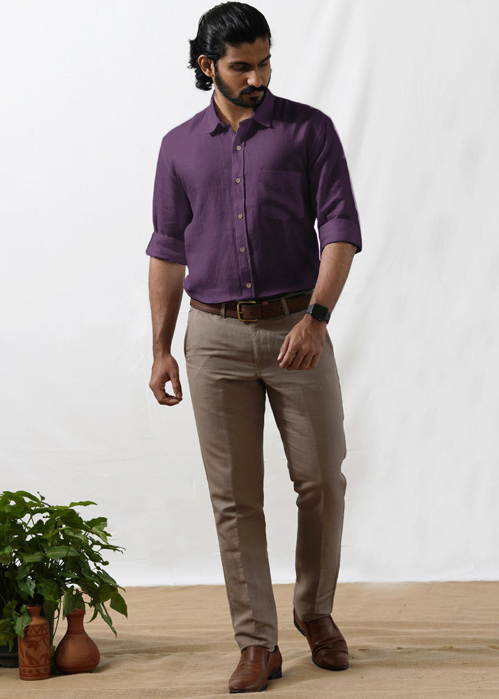Harvey 100% Pure Linen Full Sleeve Shirt in Dark Purple with Regular Collar crafted in 60 LEA
