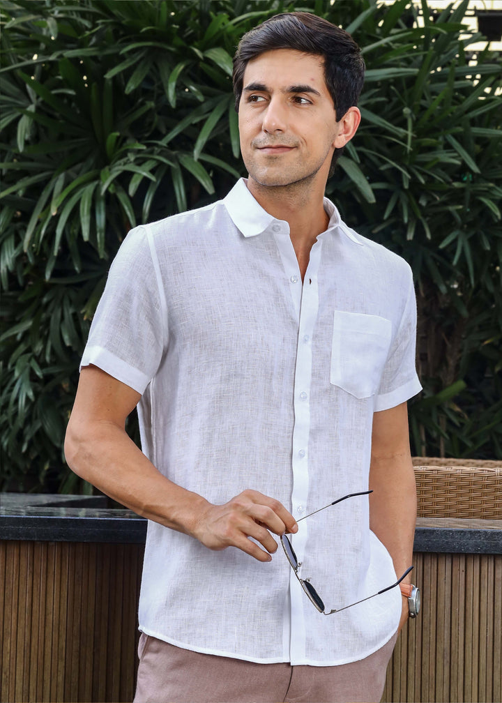 Harvey - Pure Linen Half Sleeve Shirt - White