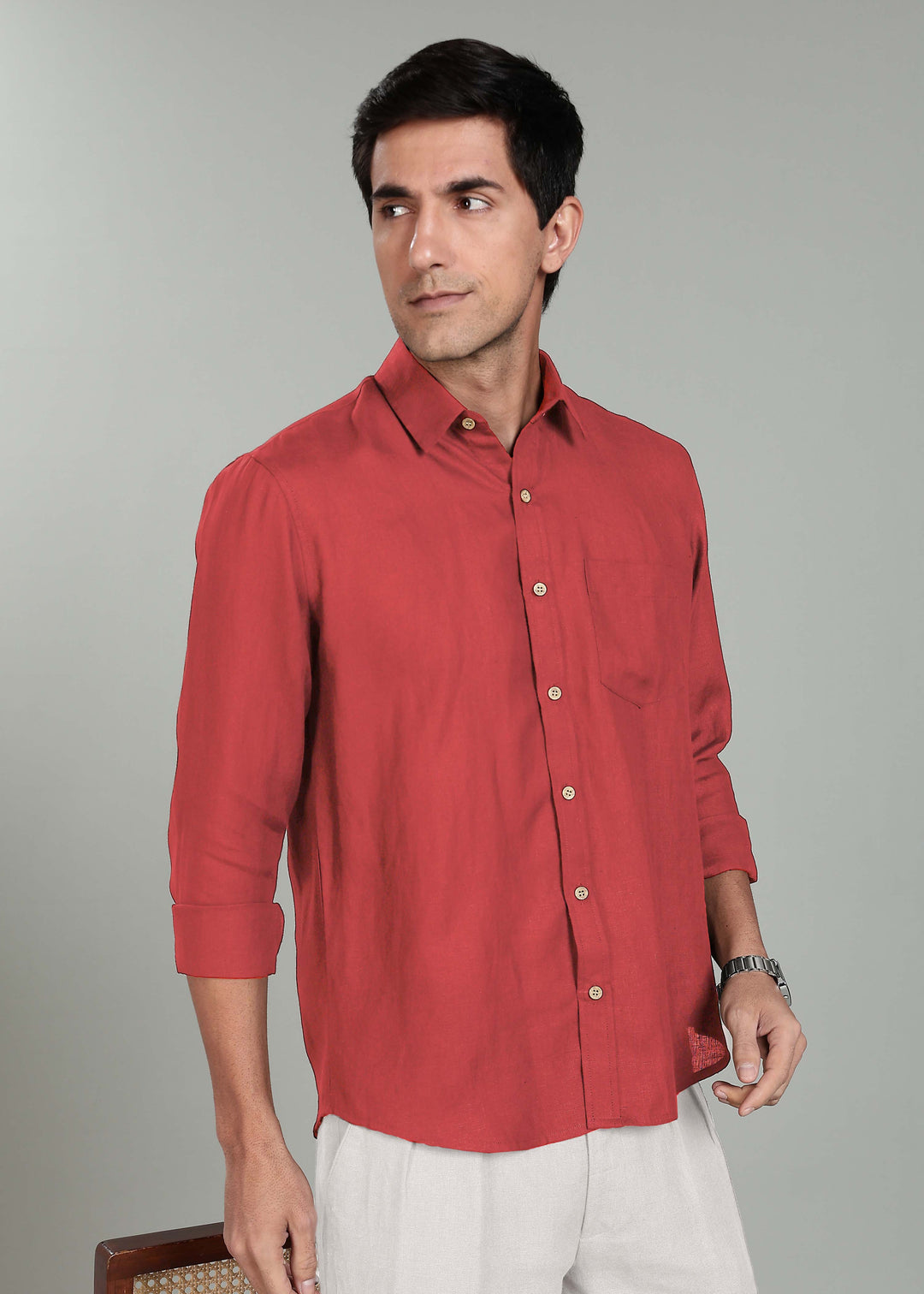 Harvey - Pure Linen Full Sleeve Shirt - Terracotta Red