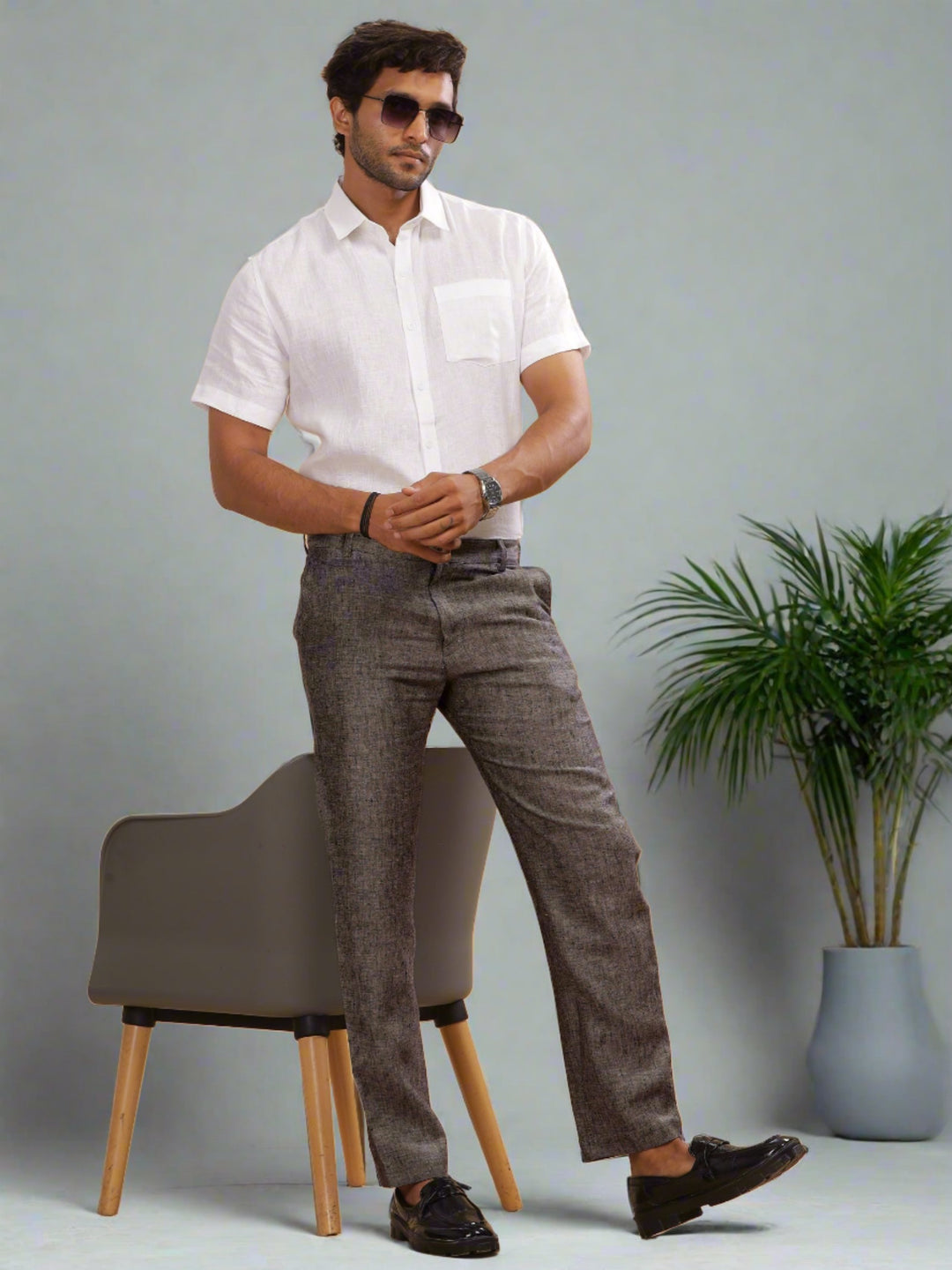 Ian Pure Linen Trousers - Black Chambray (Factory Rescue)