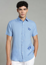 Aether - Pure Linen Appliqué Half Sleeve Shirt - Olympic Blue