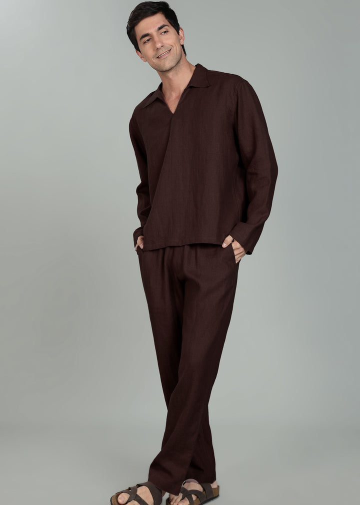 Ivo -  Pure Linen Casual Relaxed Elastic Pants - Cocoa Brown