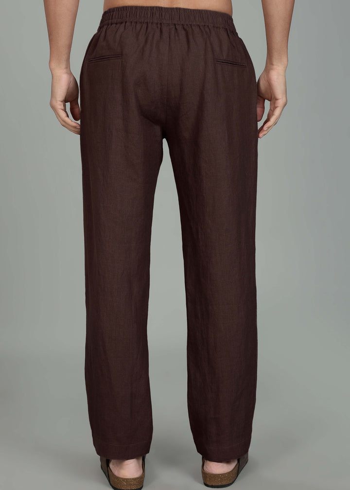 Ivo -  Pure Linen Casual Relaxed Elastic Pants - Cocoa Brown