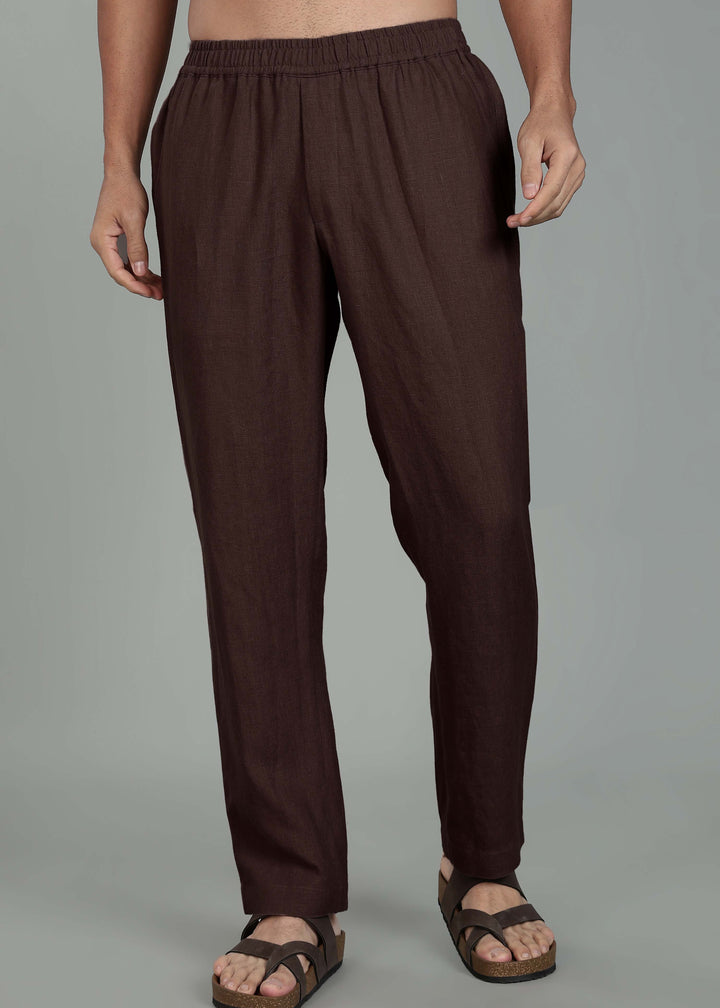 Ivo -  Pure Linen Casual Relaxed Elastic Pants - Cocoa Brown
