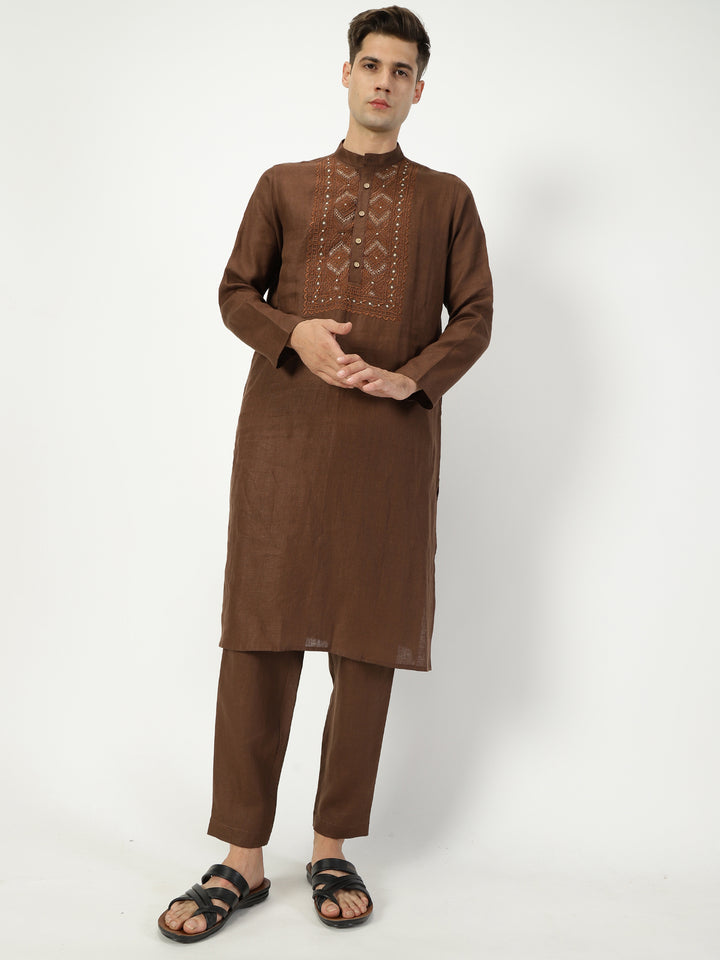 Jashn Kurta Sets - Embroidered Pure Linen Long Kurta | Coffee Brown