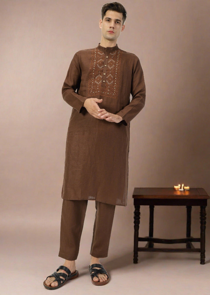 Jashn Kurta Sets - Embroidered Pure Linen Long Kurta | Coffee Brown