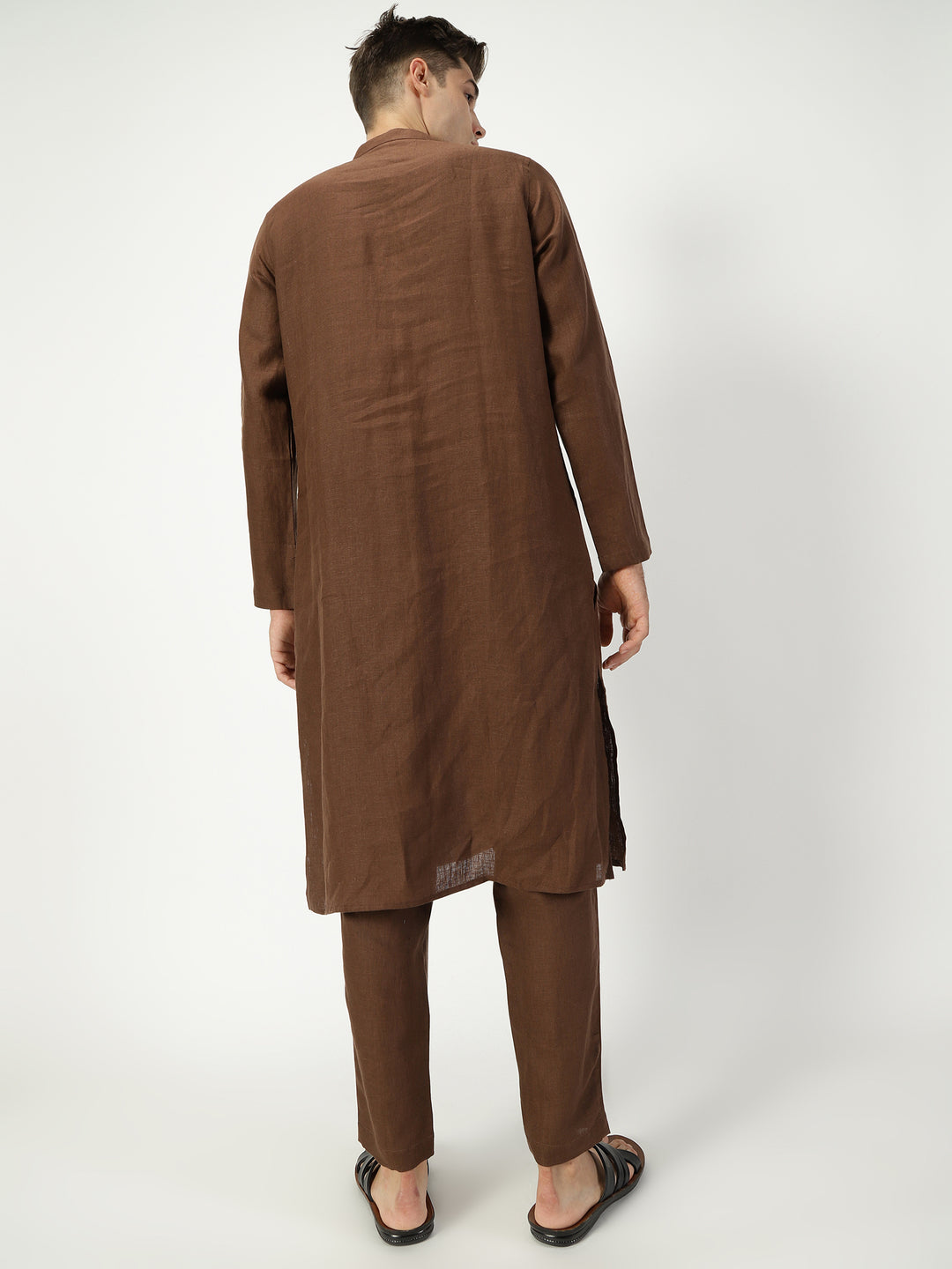 Jashn Kurta Sets - Embroidered Pure Linen Long Kurta | Coffee Brown