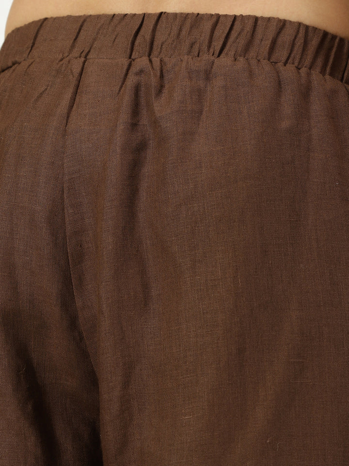 Jashn Kurta Sets - Embroidered Pure Linen Long Kurta | Coffee Brown