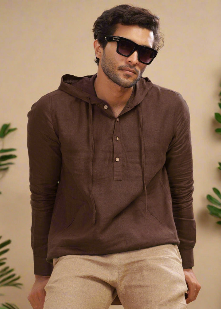 Jayden - Pure Linen Hoodie - Coffee Brown