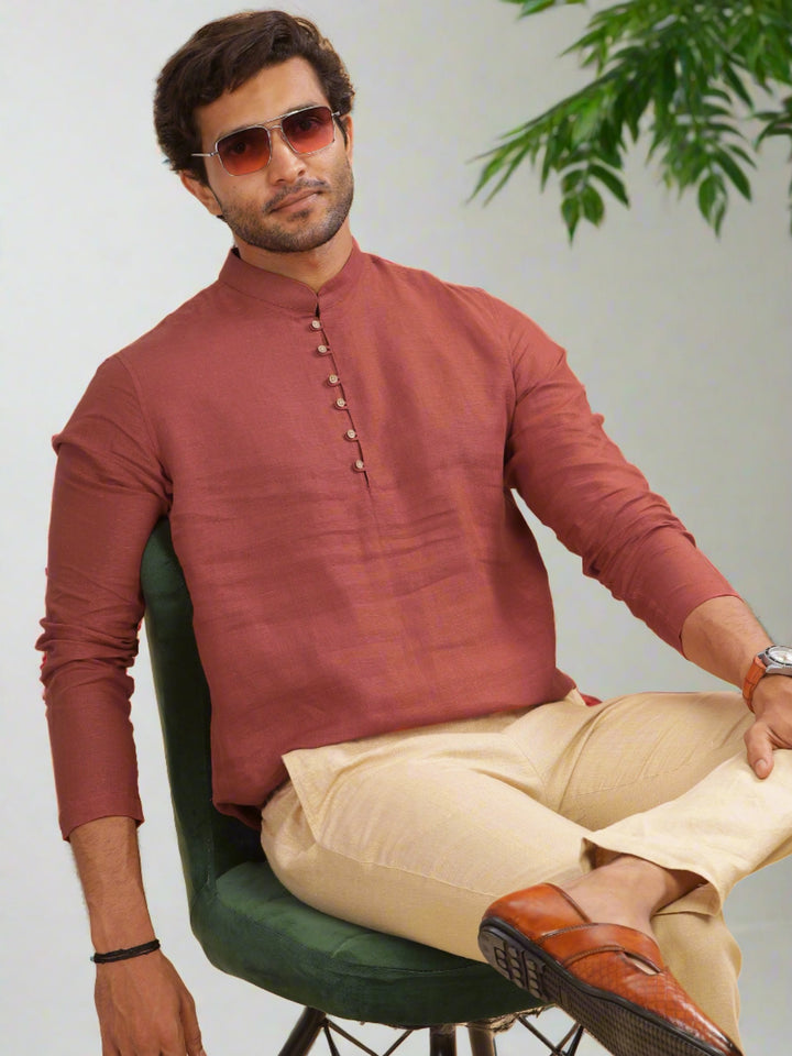Shurta - Pure Linen Full Sleeve Short Kurta Shirt - Terracotta Red