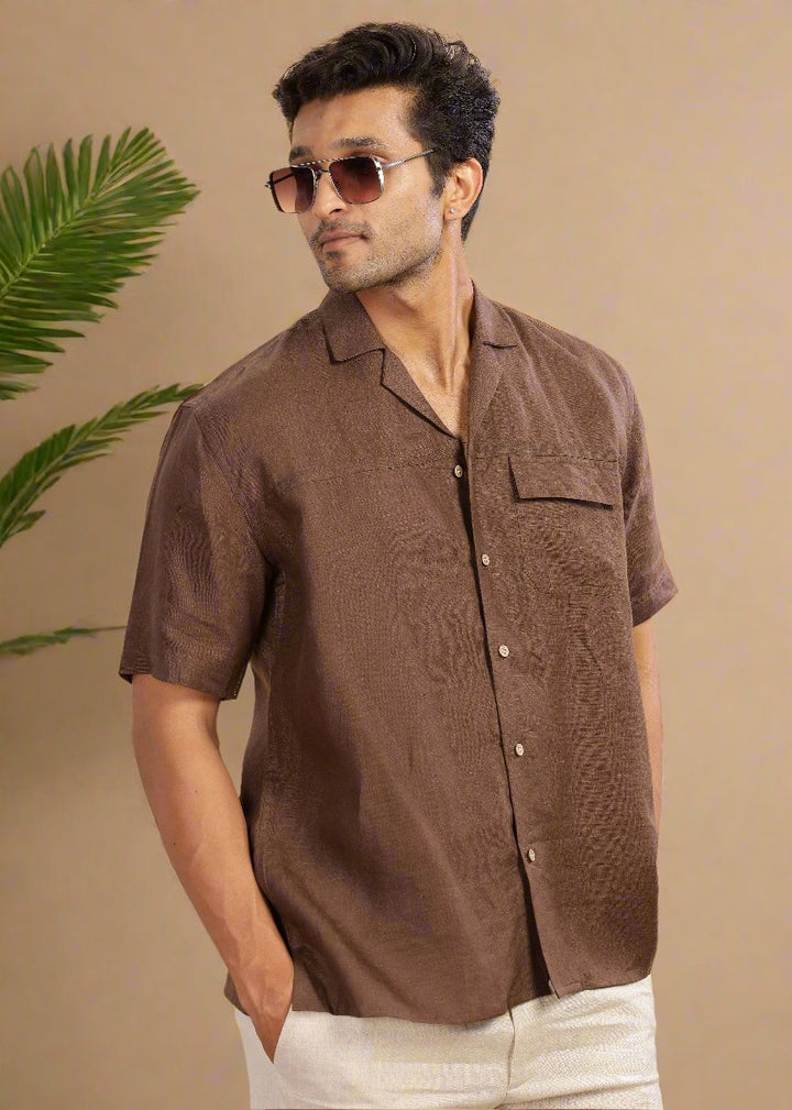 Jonas - Oversized Pure Linen Cuban Collar Short Sleeve Shirt - Coffee Brown