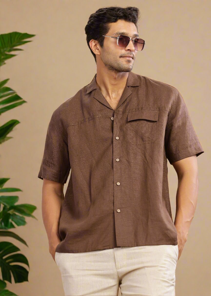 Jonas - Oversized Pure Linen Cuban Collar Short Sleeve Shirt - Coffee Brown