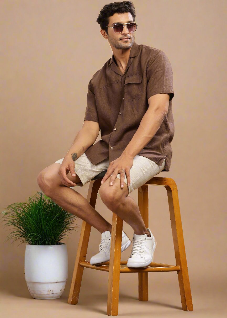 Jonas - Oversized Pure Linen Cuban Collar Short Sleeve Shirt - Coffee Brown