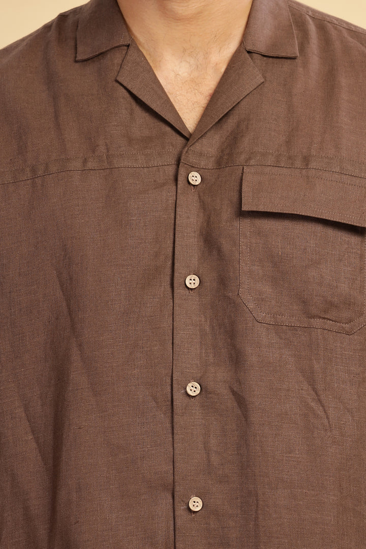 Jonas - Oversized Pure Linen Cuban Collar Short Sleeve Shirt - Coffee Brown