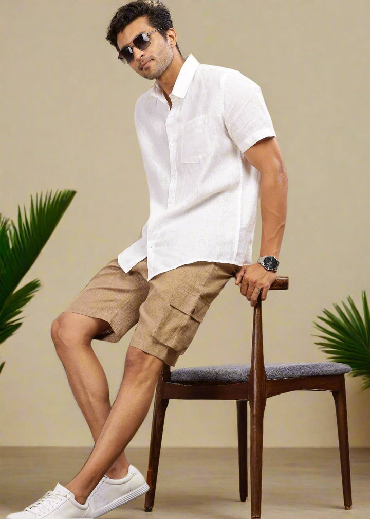 Kin - Linen Cargo Shorts With Square Pocket- Light Hazelnut Brown