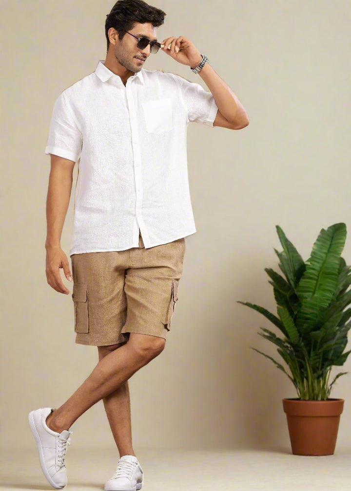 Kin - Linen Cargo Shorts With Square Pocket- Light Hazelnut Brown