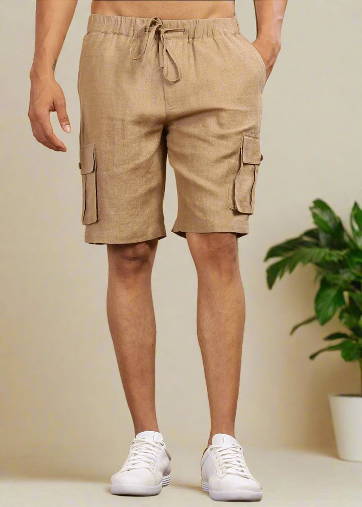 Kin - Linen Cargo Shorts With Square Pocket- Light Hazelnut Brown
