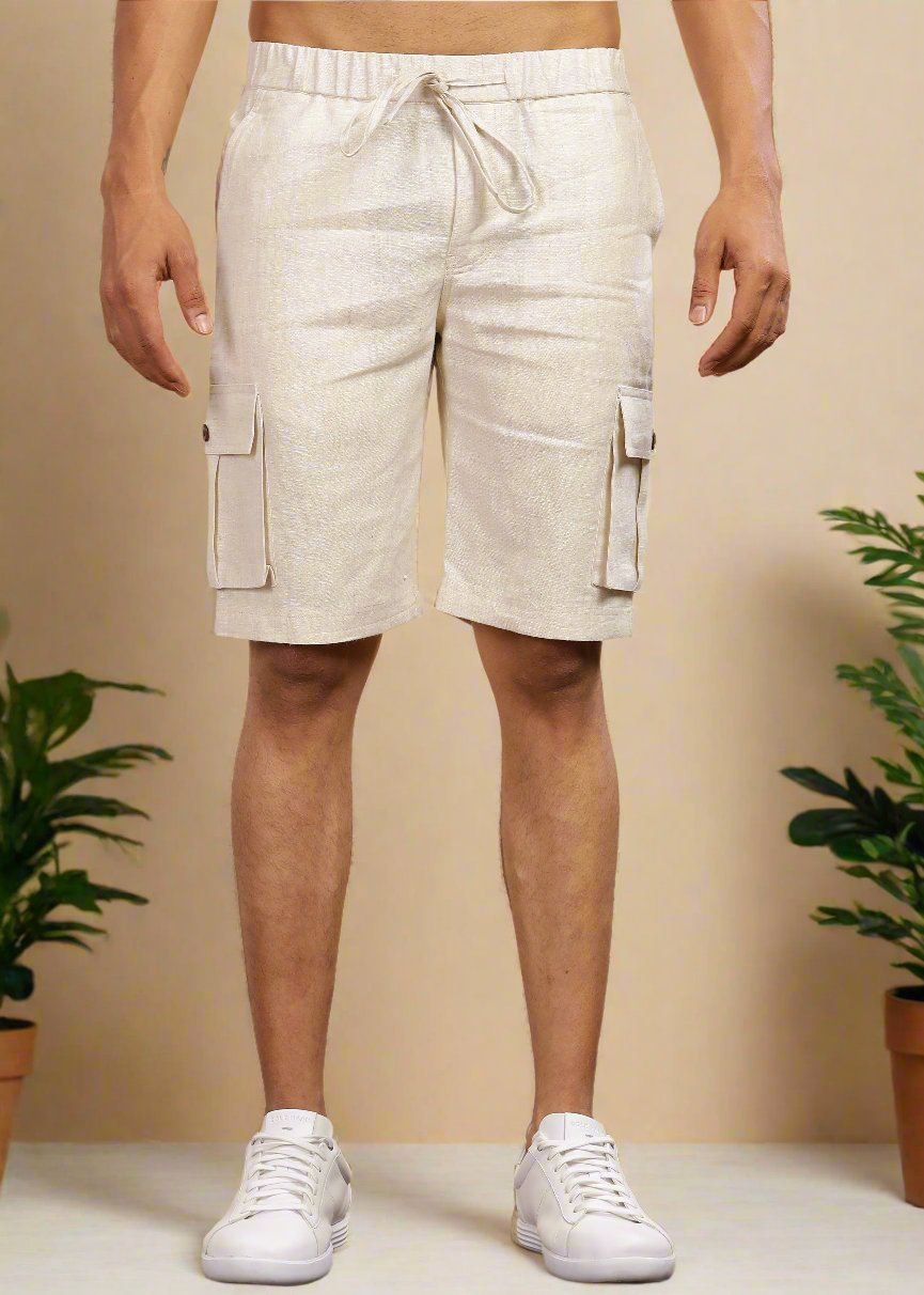 Kin - Linen Cargo Shorts With Square Pocket- Ecru