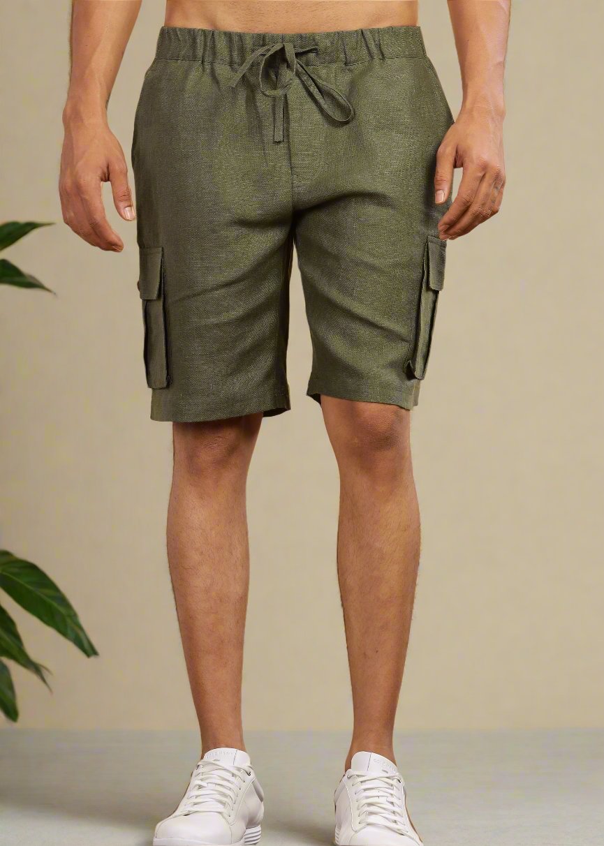 Kin Linen Cargo Shorts With Square Pocket- Military Green