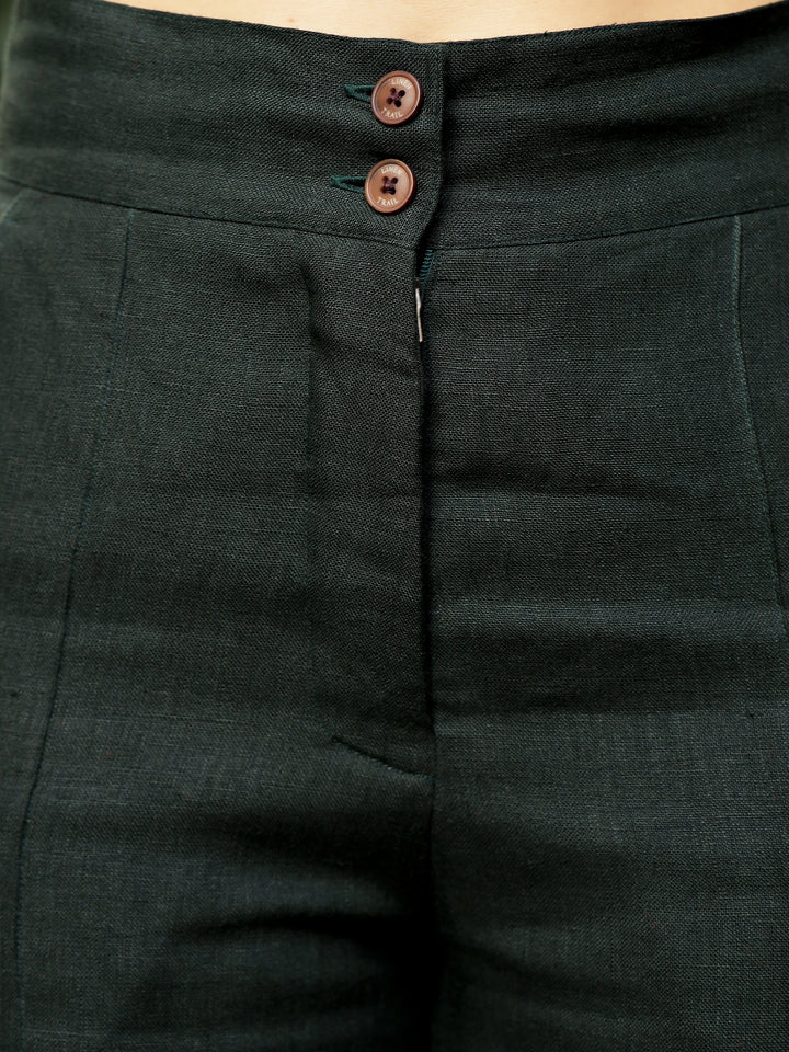 Lara - Broad Band Pure Linen Trousers - Dark Green