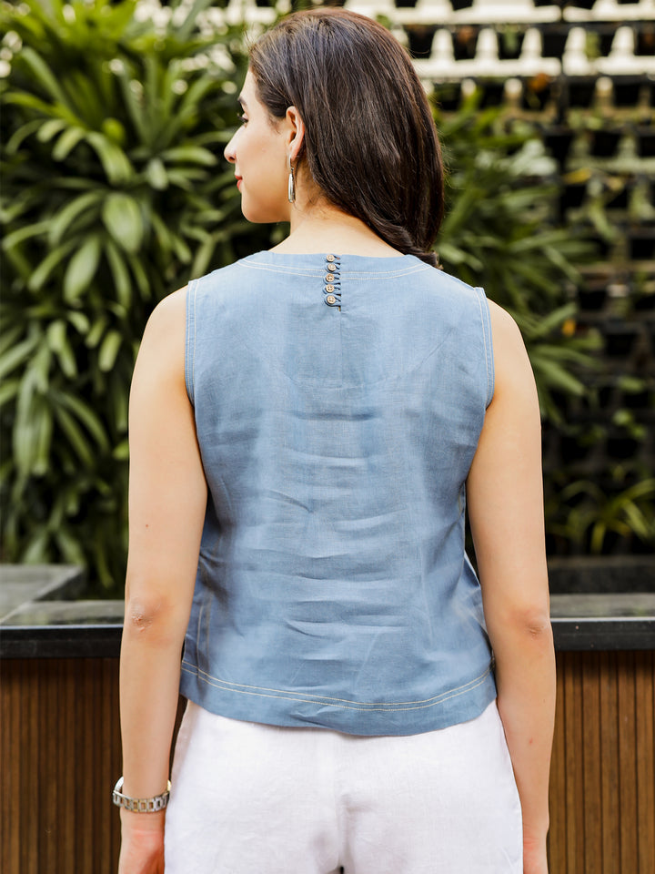 Lily - Pure Linen Sleeveless With Stitch Details - Blue Grey