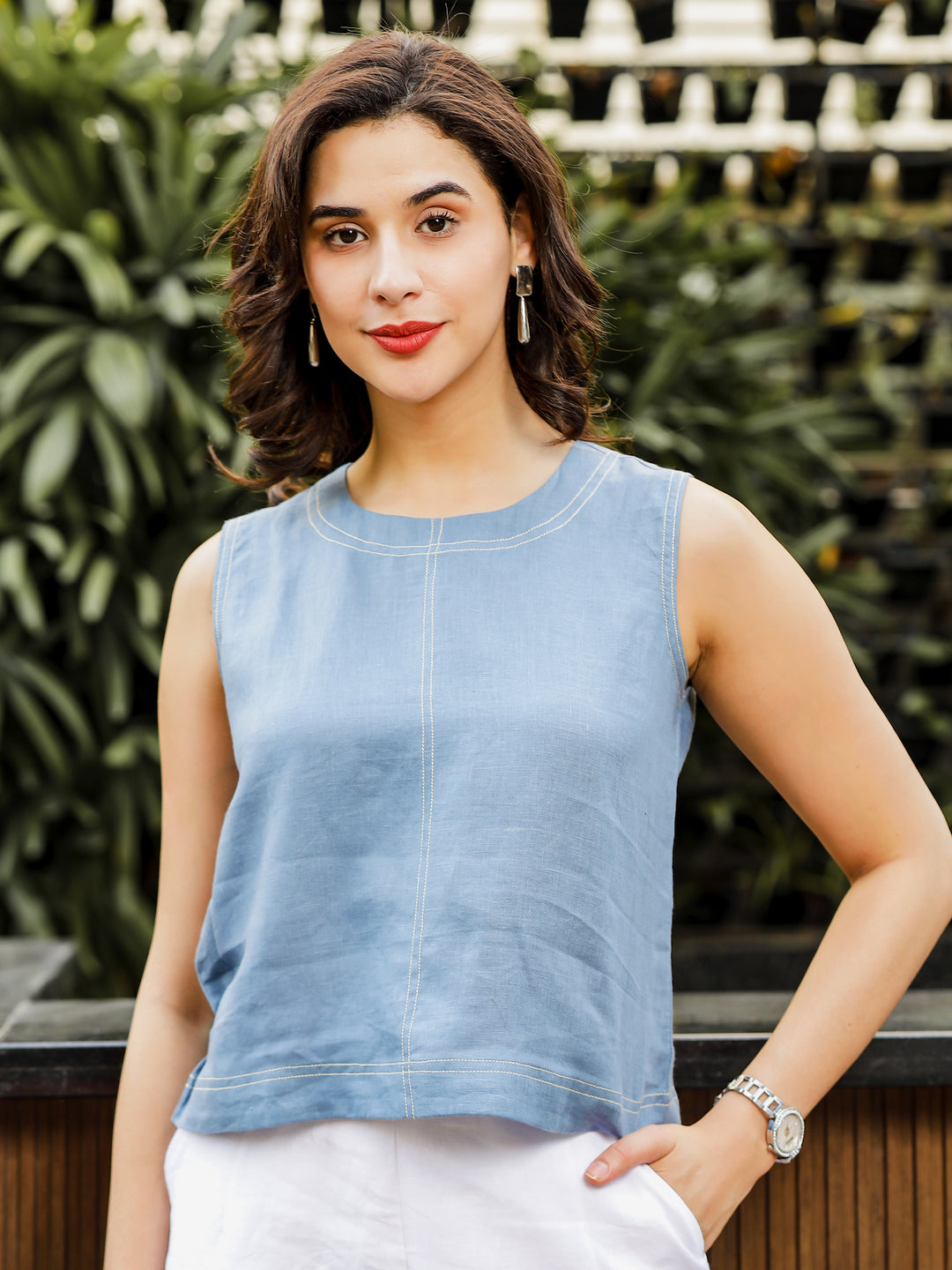 Lily - Pure Linen Sleeveless With Stitch Details - Blue Grey